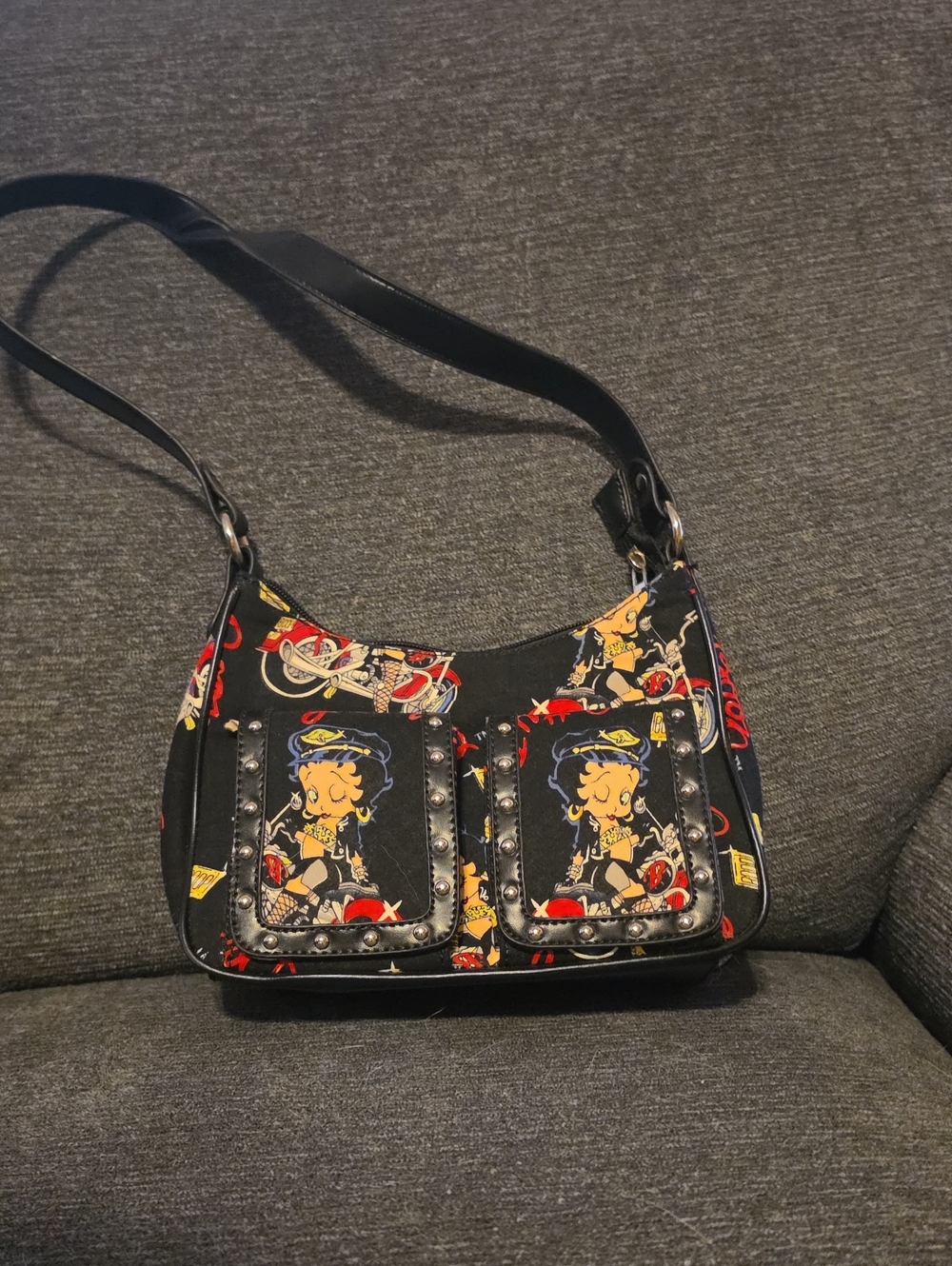 Black Betty Boop Print Studded Shoulder Bag
